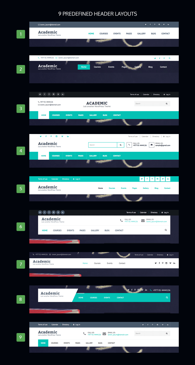 Header-layouts of Rara Academic Pro