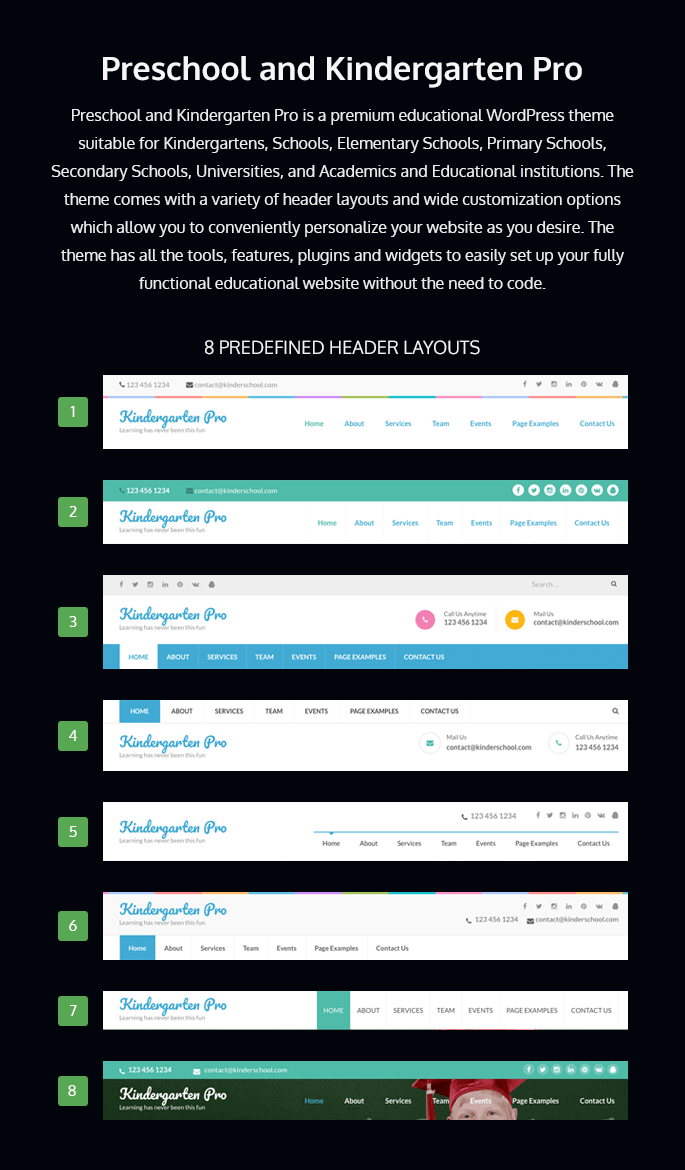 Header layouts of Preschool and Kindergarten Pro